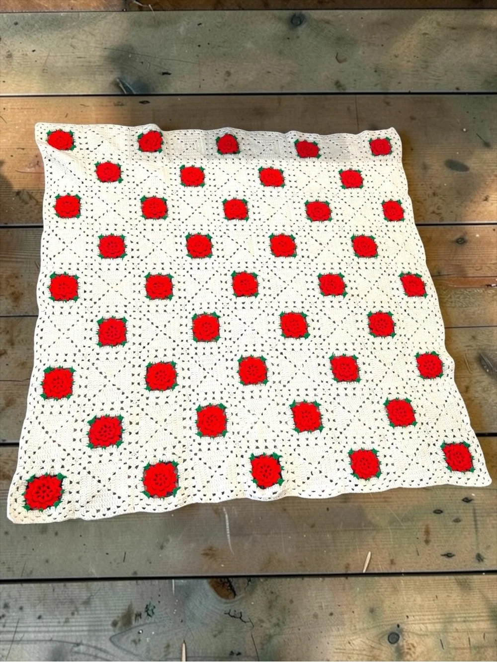 Granny Square Crochet Afghan Blanket w/ Red 3D Roses 52” x 51” Handmade Vintage